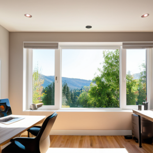 **Smart Home Office Lighting**: Create an image of a modern home office with intelligent lighting that simulates natural sunlight. The room should have adjustable light fixtures, a cozy desk setup, and a window showing a bright morning outside, reflecting the positive mood and productivity boost from smart lighting.