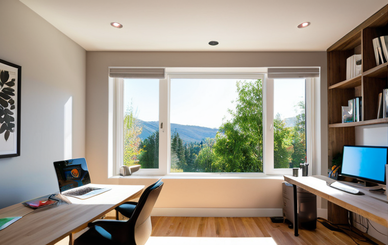 **Smart Home Office Lighting**: Create an image of a modern home office with intelligent lighting that simulates natural sunlight. The room should have adjustable light fixtures, a cozy desk setup, and a window showing a bright morning outside, reflecting the positive mood and productivity boost from smart lighting.